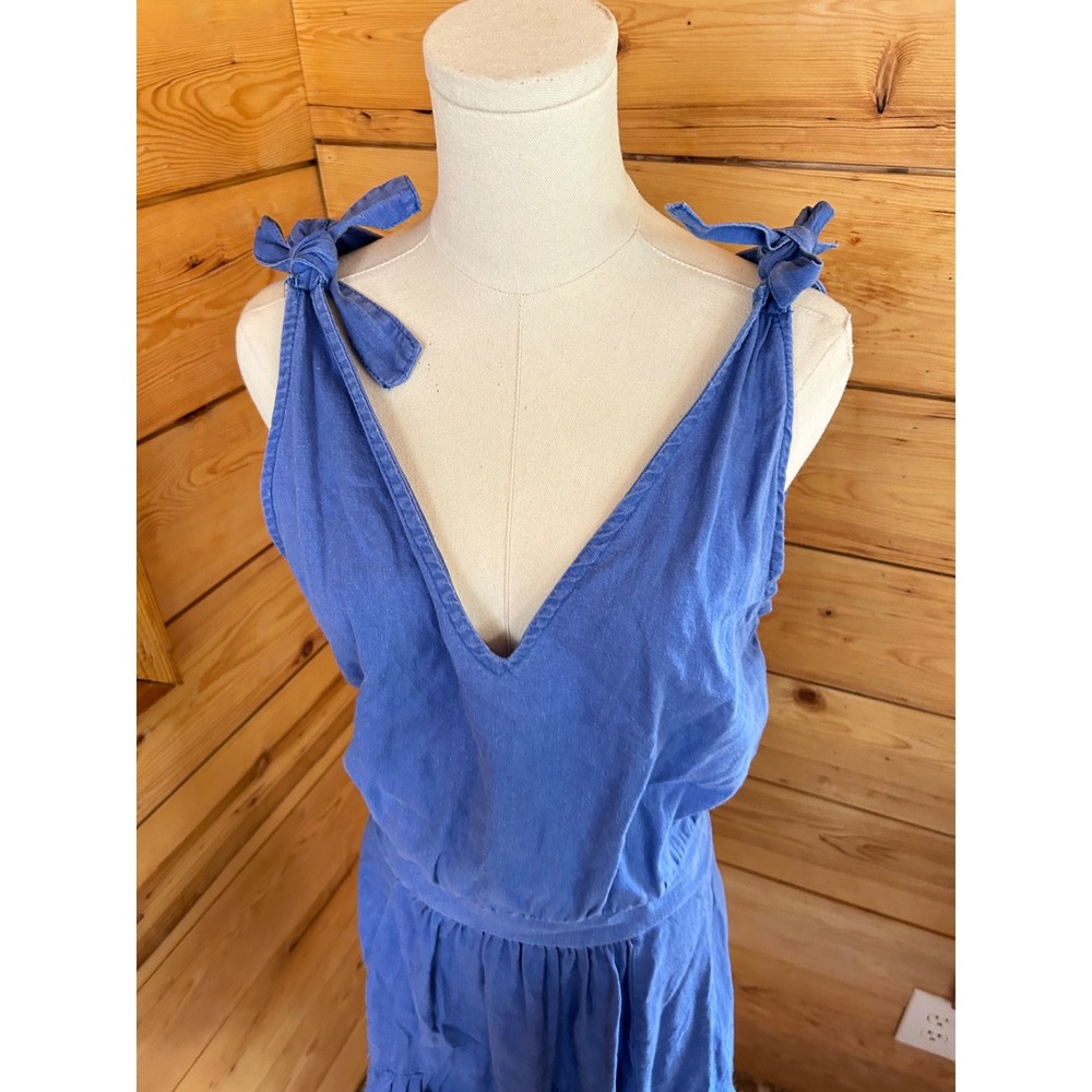 Linen Blend Sundress Women Large Royal Blue Shoulder Tie Tiered Ruffle Justina - Picture 10 of 14